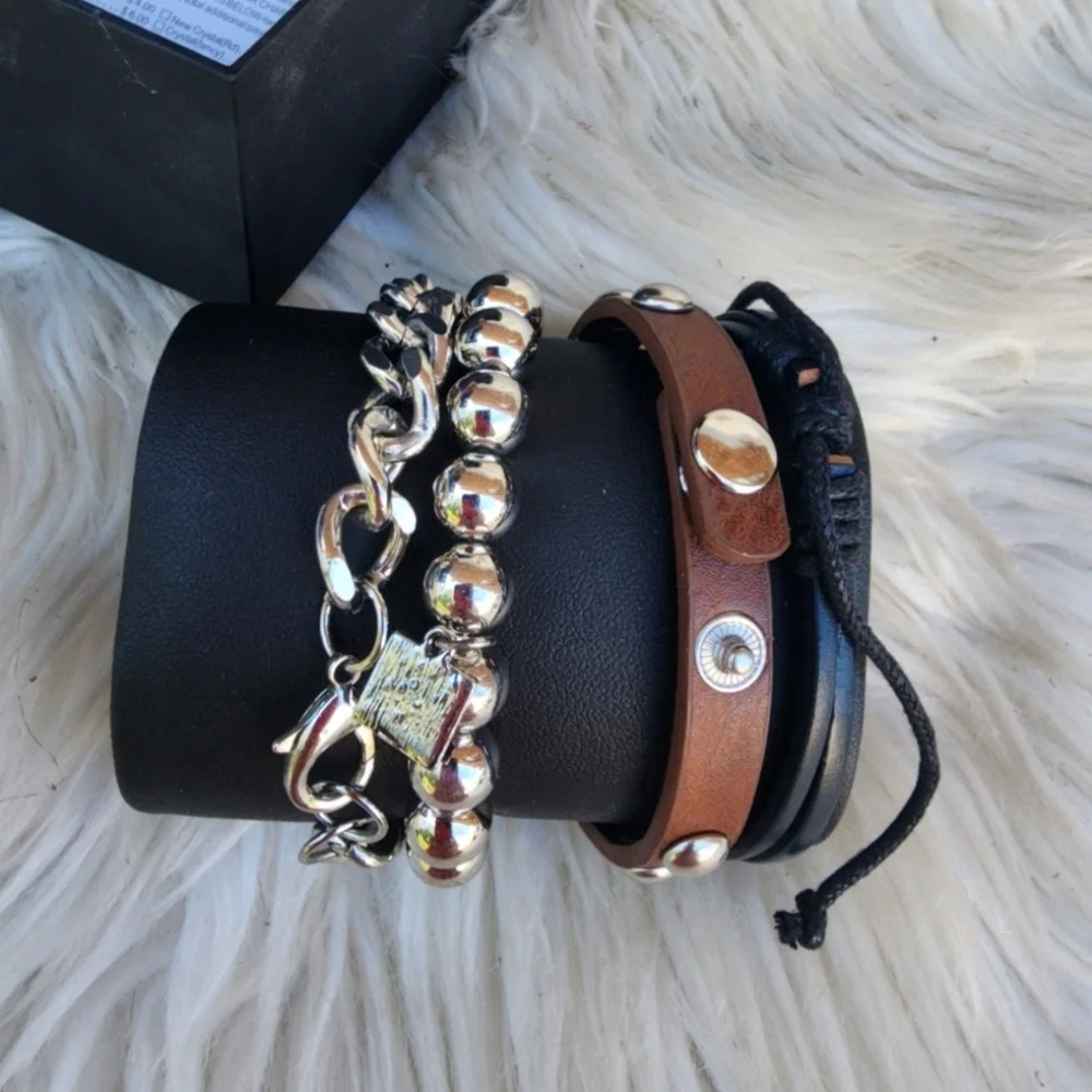 Men’s Bracelet Stack Set Black Brown Silver Stud Leather Chain $85